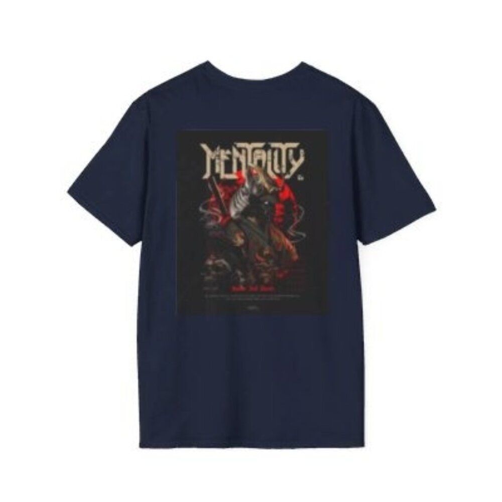 "Dark Fantasy Warrior Graphic Tee with Epic Medieval Design on Blue Shirt"
